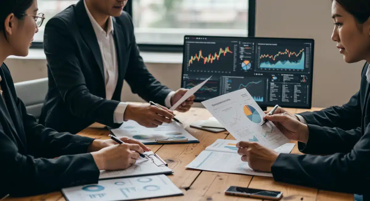 Investors analyzing market data and discussing strategies for interest rate changes.