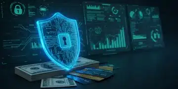 Digital shield protecting U.S. dollar bills and credit cards from cyber threats in 2026.