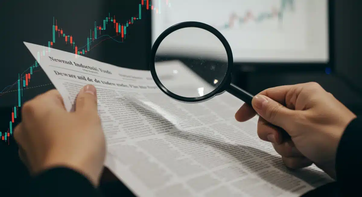 Magnifying glass over financial news, analyzing market trends.