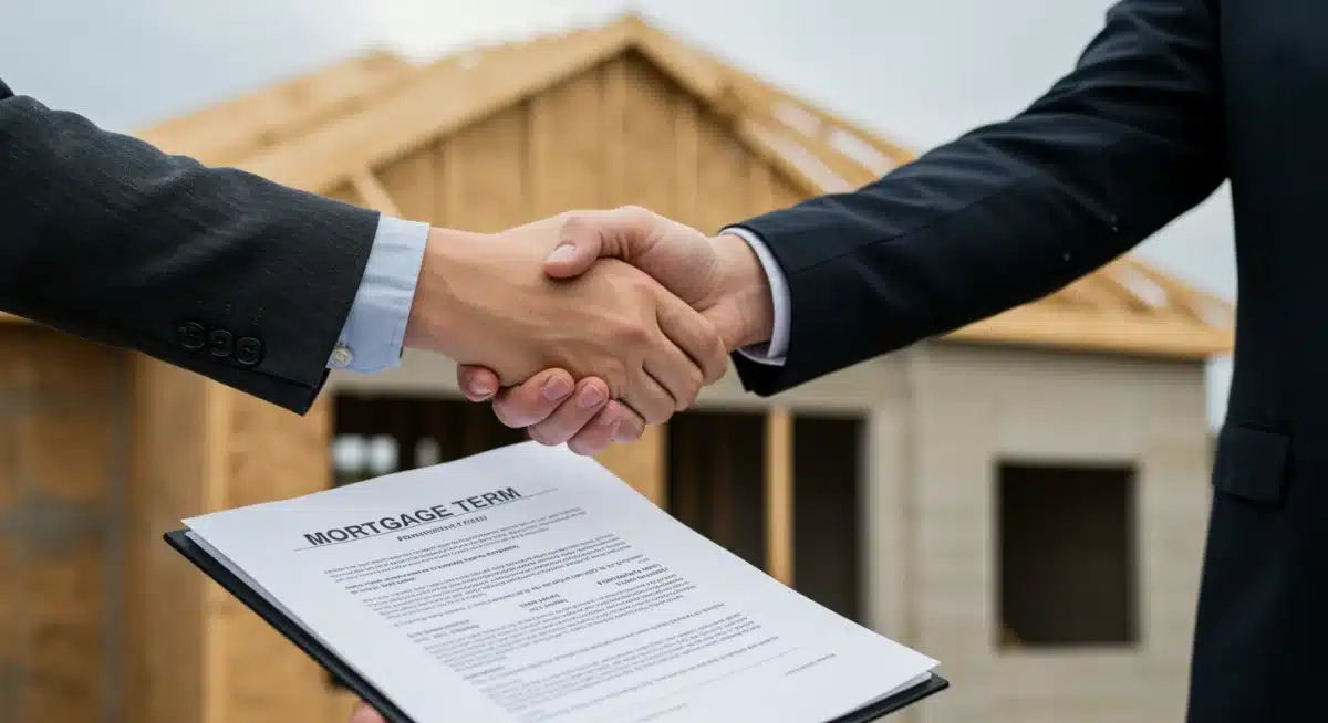 Hands shaking over mortgage document with new home in background, symbolizing mortgage comparison for 2026 homebuyers.