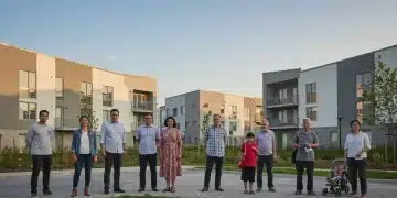 Families and individuals in front of modern, affordable housing units.