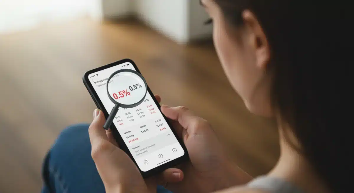 Person reviewing banking app with interest rates, highlighting a 0.5% increase.