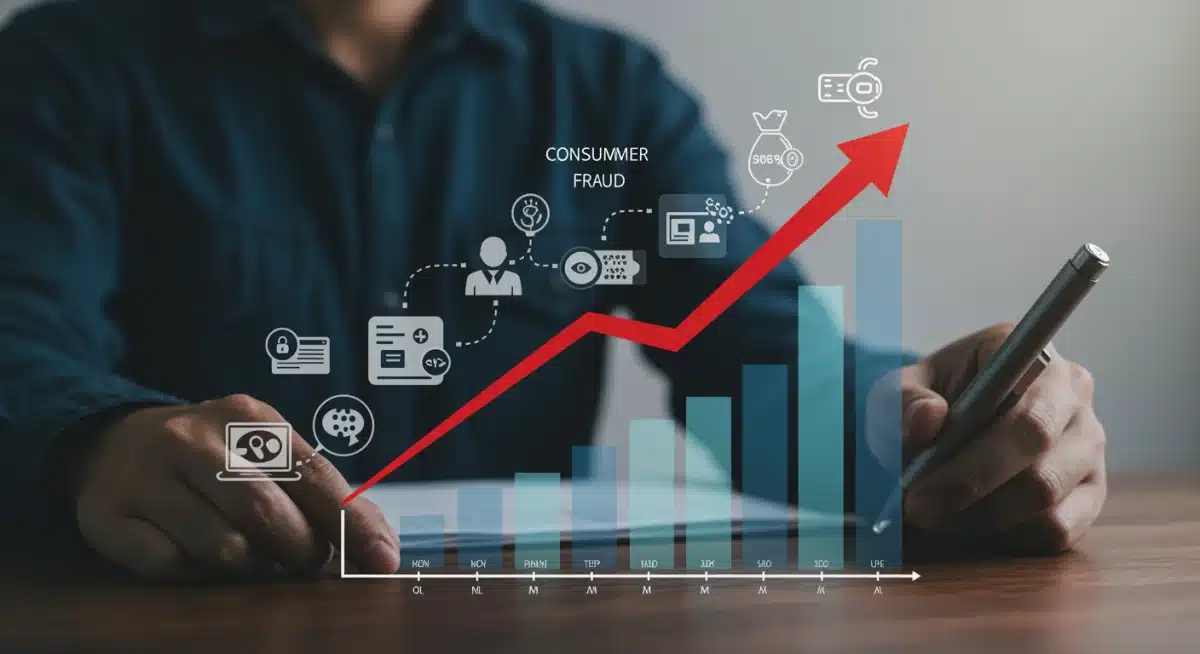 Graph showing 10% increase in consumer fraud cases with scam icons
