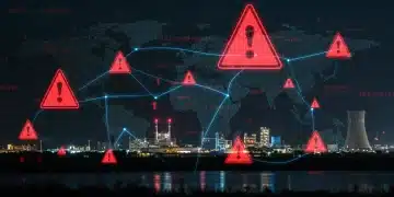 Digital network with red warning symbols, symbolizing cybersecurity threats to critical national infrastructure.
