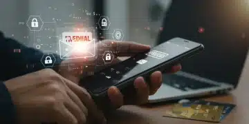 Digital fraud alert on smartphone, credit card and laptop in background
