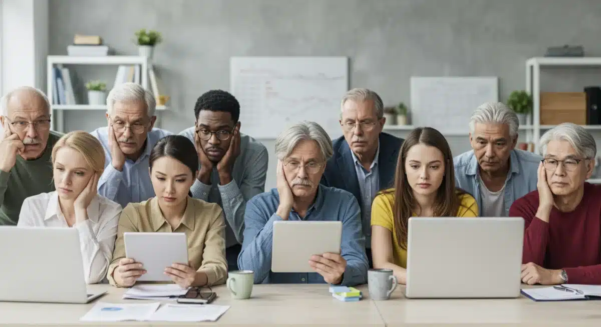 Diverse individuals concerned about online security and financial fraud