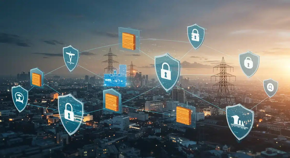 Interconnected critical infrastructure protected by digital security layers and firewalls.