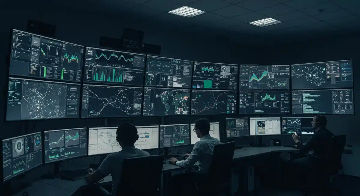 Cybersecurity analysts monitoring threat intelligence in a security operations center.