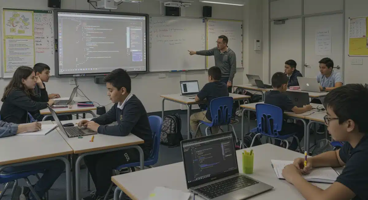 Teacher guiding students in a technology-rich classroom