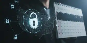 Digital lock icon over US map, symbolizing new data privacy regulations taking effect in November 2026.