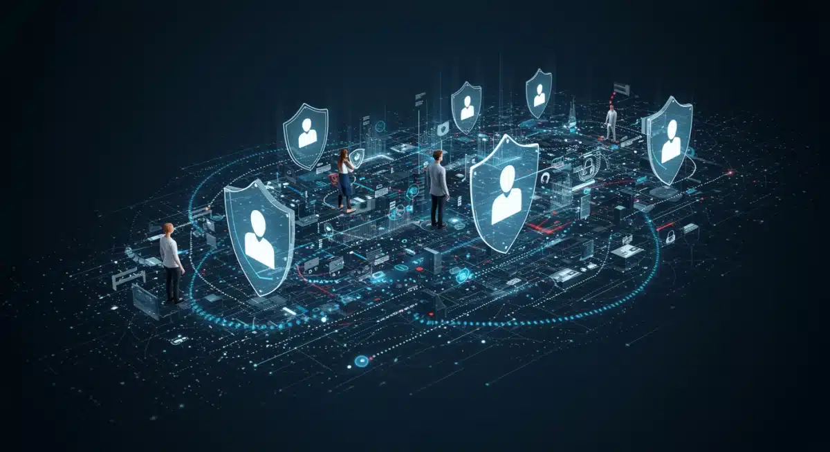 People and businesses protected by digital shields, symbolizing enhanced data privacy and security measures.