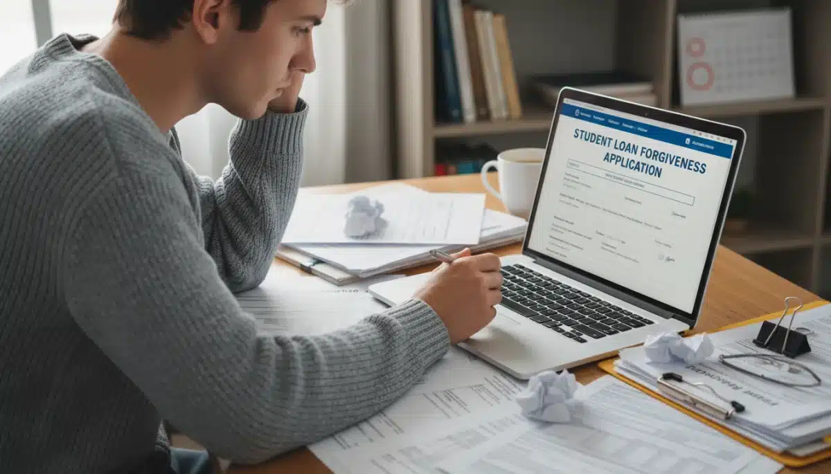 Individual carefully completing an online application for student loan forgiveness, surrounded by supporting documents.