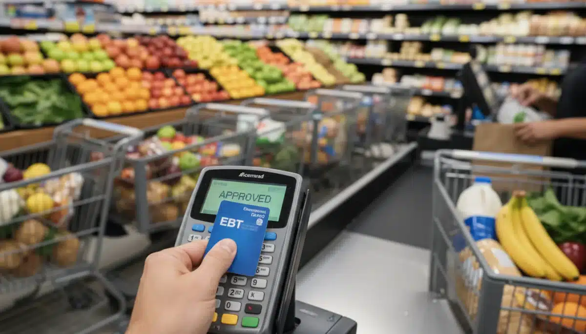 EBT card being used at a grocery store checkout for SNAP Benefits purchases.
