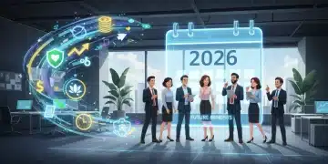 Illustration of diverse workplace benefits for 2026, including health, financial, and wellness programs, with employees smiling.