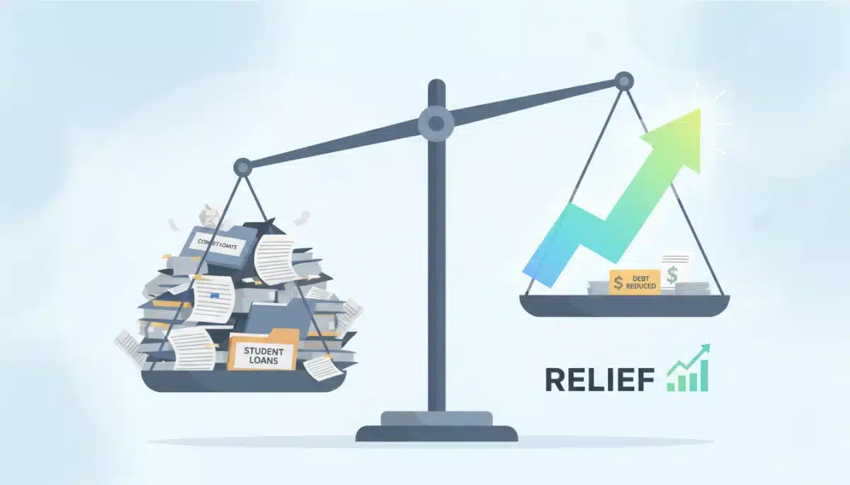 Illustration of a balanced scale showing student loans on one side and financial relief on the other, representing the impact of loan forgiveness.