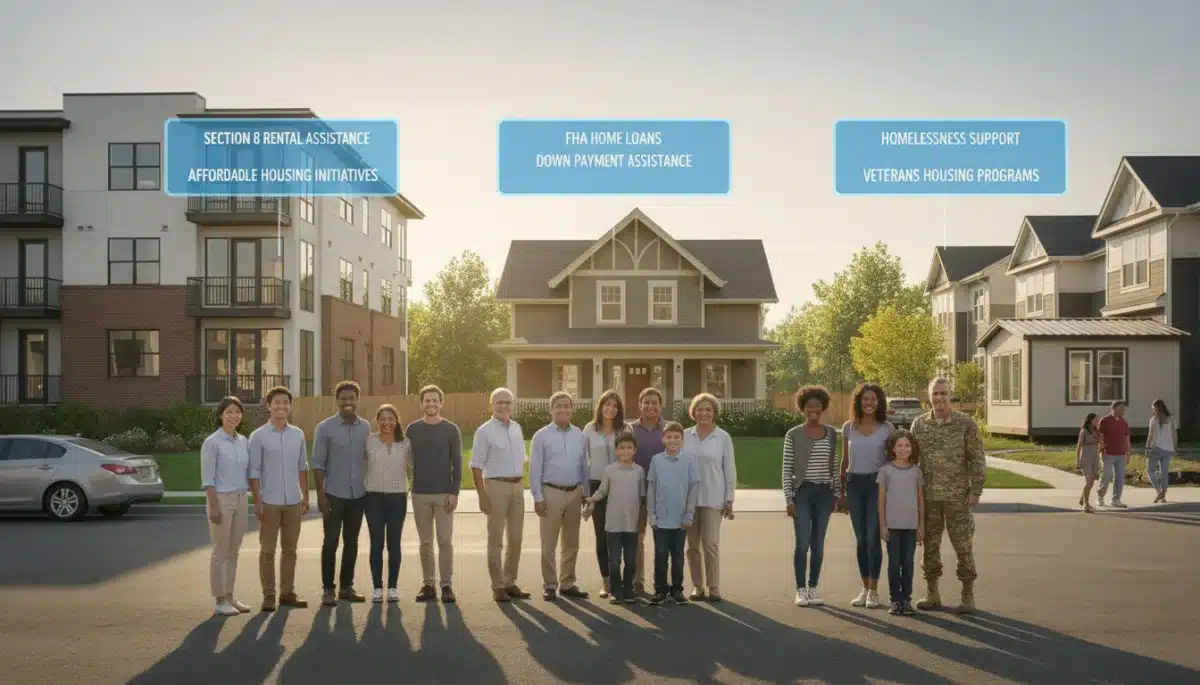 Diverse beneficiaries of federal housing programs standing before various home types.