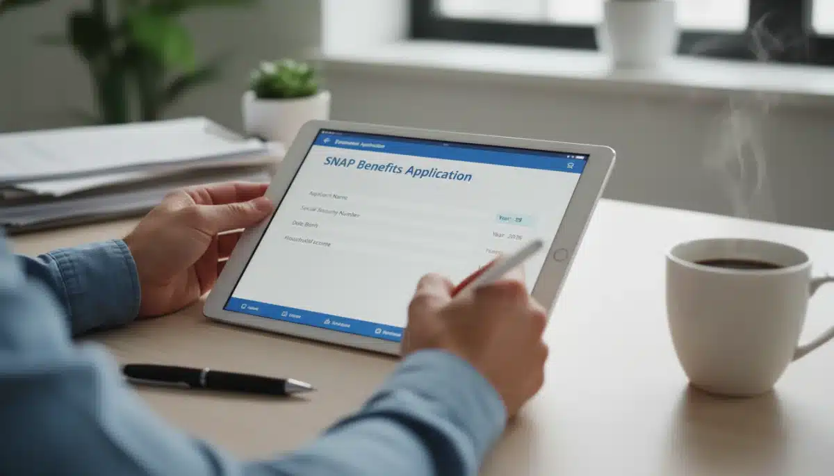 Hands completing an online SNAP Benefits 2026 application form on a tablet.