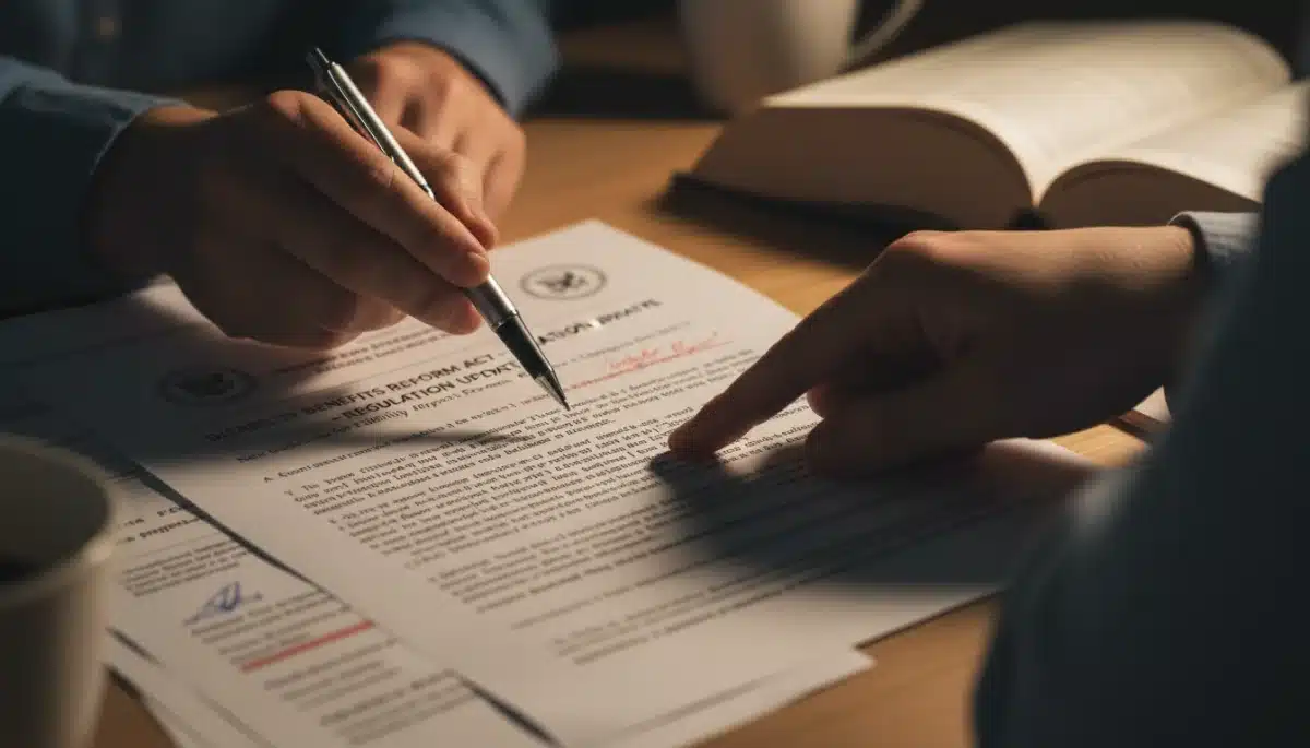 Hands reviewing complex government documents for disability benefits policy changes.