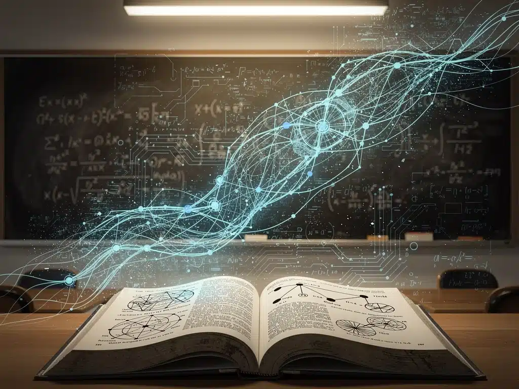 Neural network overlaying textbooks, symbolizing AI's integration into the American curriculum.