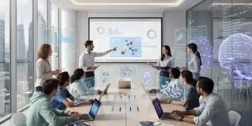 Students and educators interacting with AI in a futuristic classroom, representing the evolving American curriculum.