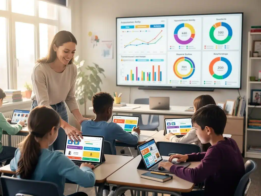 Teacher guiding students with AI personalized learning platforms, highlighting adaptive education.