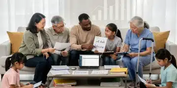 Families and caregivers reviewing financial documents, illustrating the impact of the 2026 budget on caregiver benefits and family support.