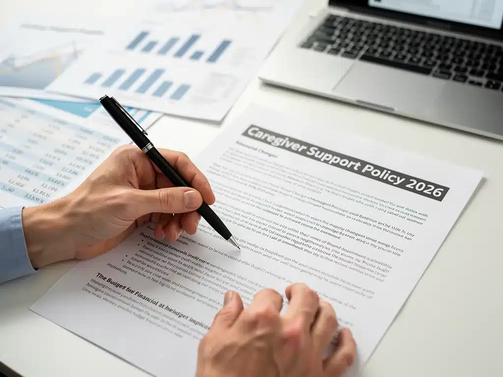 Hands analyzing a document detailing caregiver support policies and financial impacts from the 2026 budget.