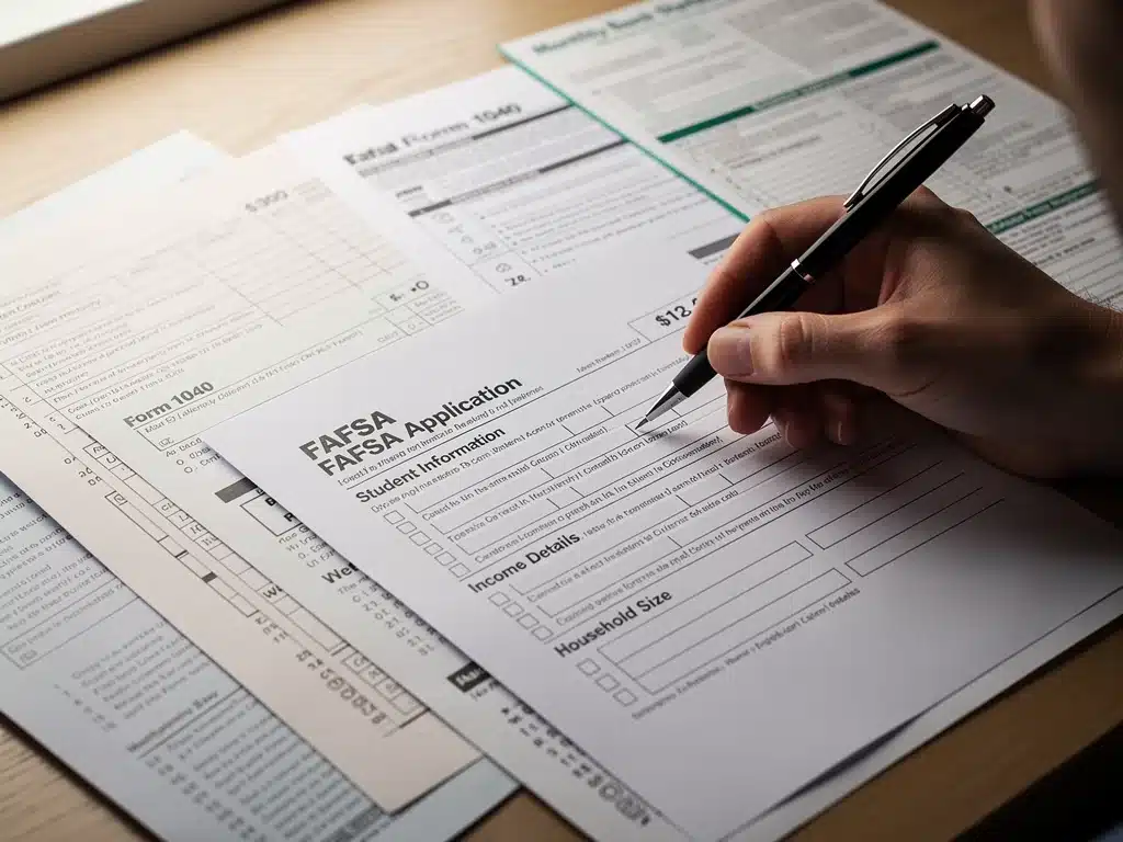 Hand filling out FAFSA form with financial documents, emphasizing accuracy.