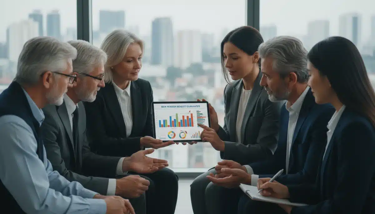 Diverse group consulting financial advisor about new pension benefit guarantees.