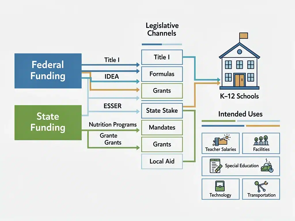 Infographic illustrating federal and state funding pathways for K-12 education budgets.
