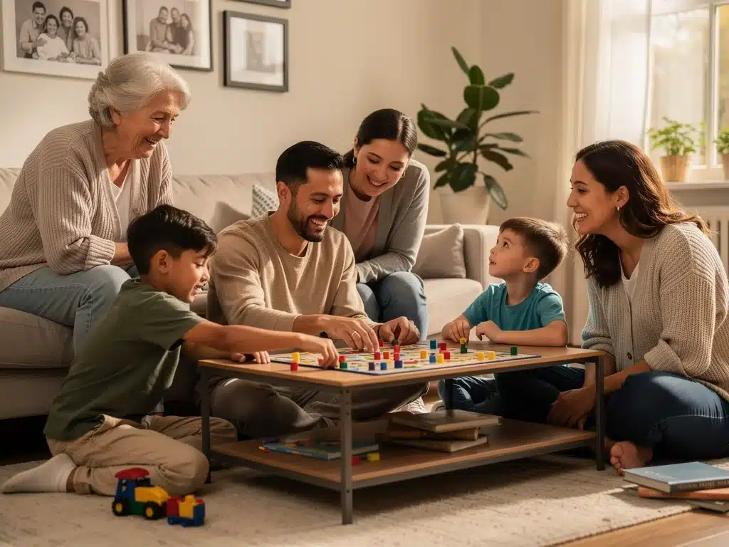 Multi-generational family engaging in an activity, representing the importance of family support through caregiver benefits.