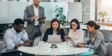 Professionals learning online on diverse devices in a modern office environment, representing advanced professional development.