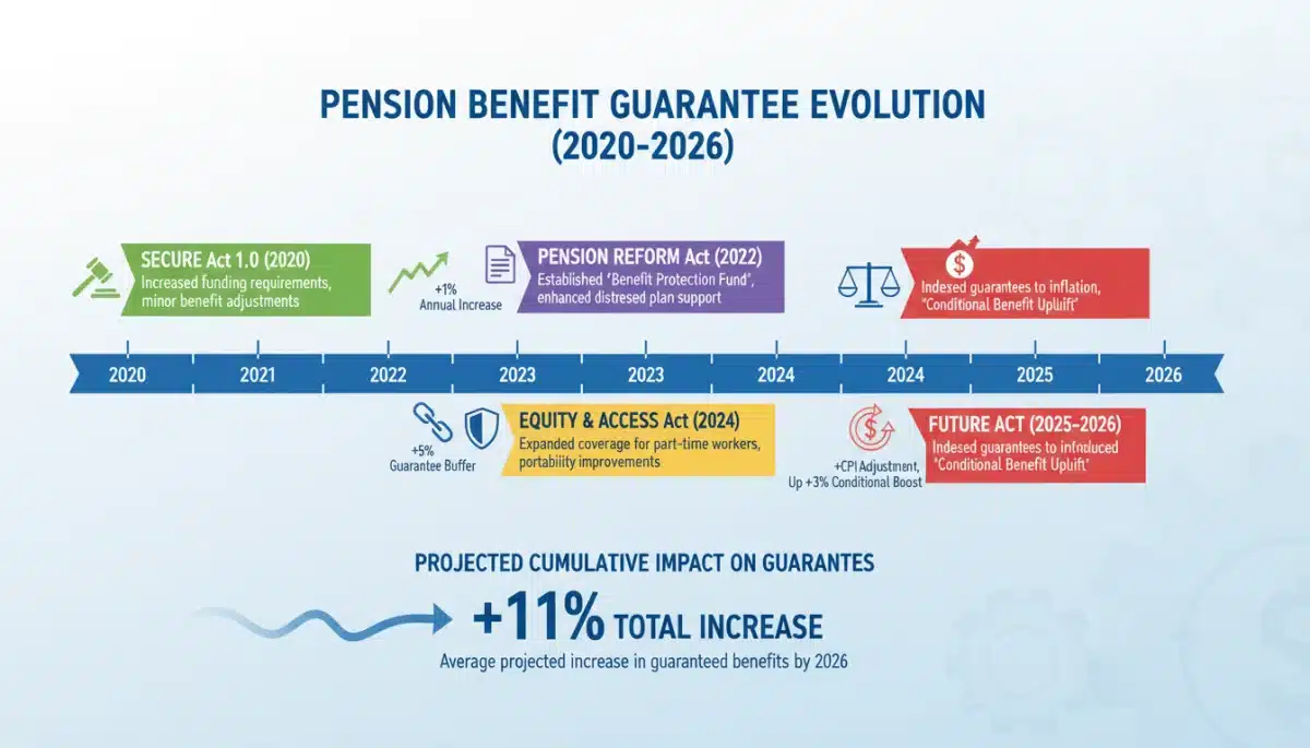 Timeline graphic showing legislative milestones impacting 2026 pension benefit guarantees.