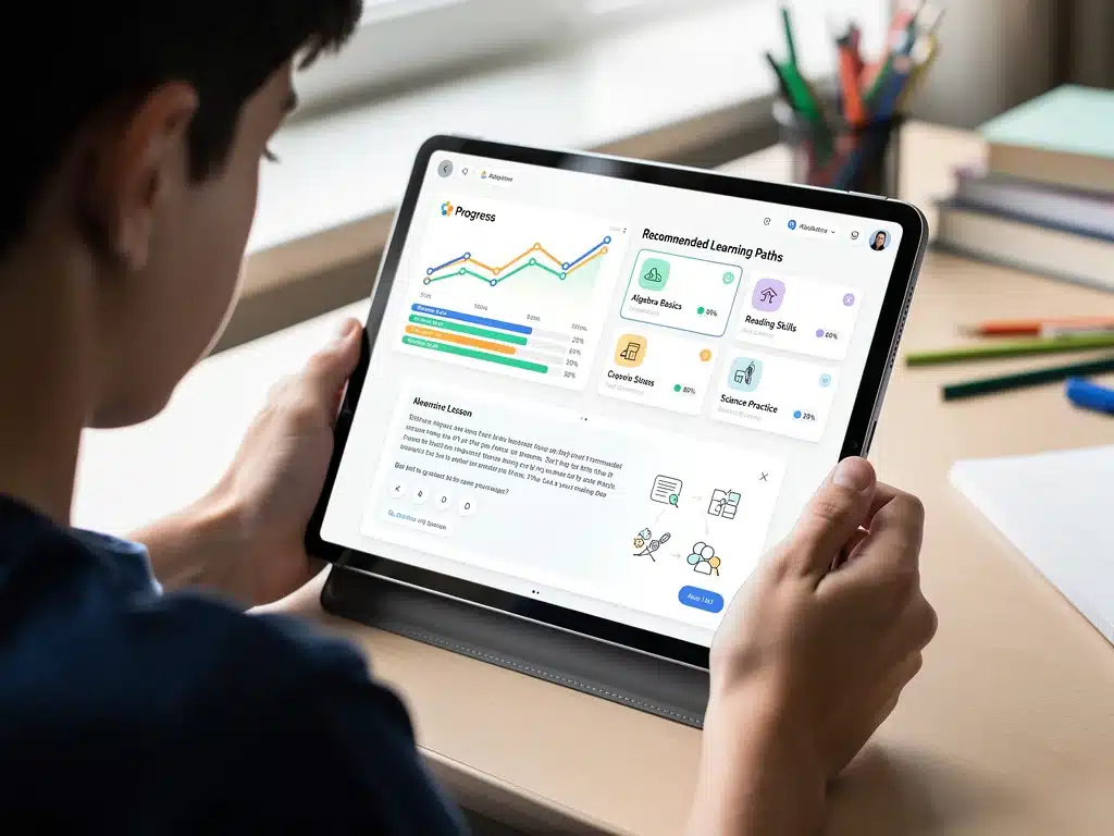 Student using an adaptive learning platform on a tablet, showcasing personalized educational content and progress.
