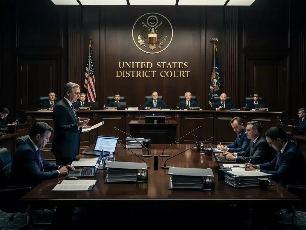 Courtroom proceedings during federal antitrust hearings against tech giants.