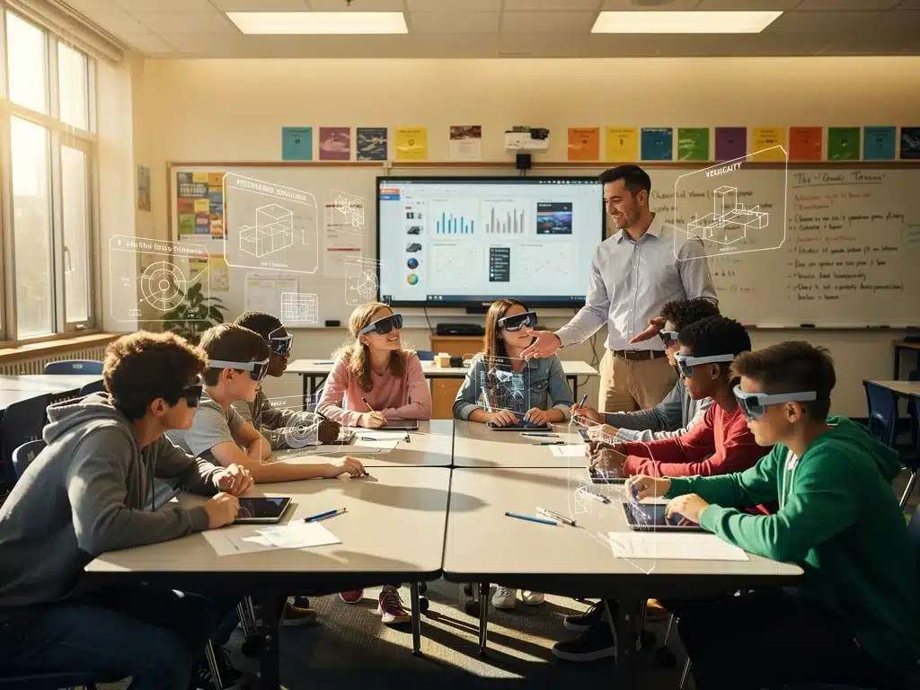 High school students using augmented reality glasses for collaborative learning in an American classroom setting.