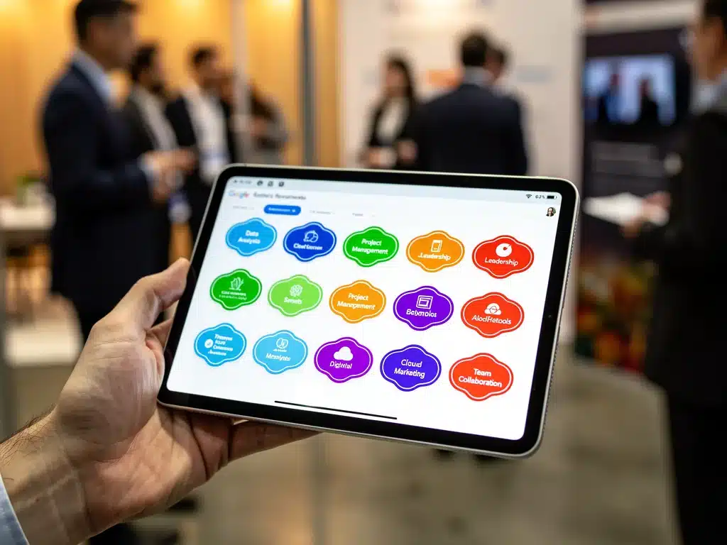 Hand holding tablet displaying digital micro-credential badges at a networking event.