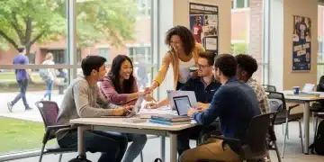Diverse university students collaborating, symbolizing effective student retention strategies in American higher education.