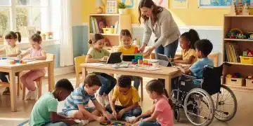 Children learning in a bright classroom with a teacher, symbolizing early childhood education.
