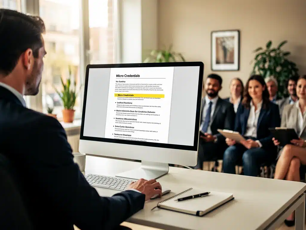 Hiring manager reviewing a resume with micro-credentials, job applicants waiting.