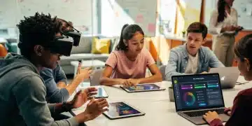 Students engaged with personalized learning technology in a contemporary American classroom, utilizing VR, tablets, and AI platforms.