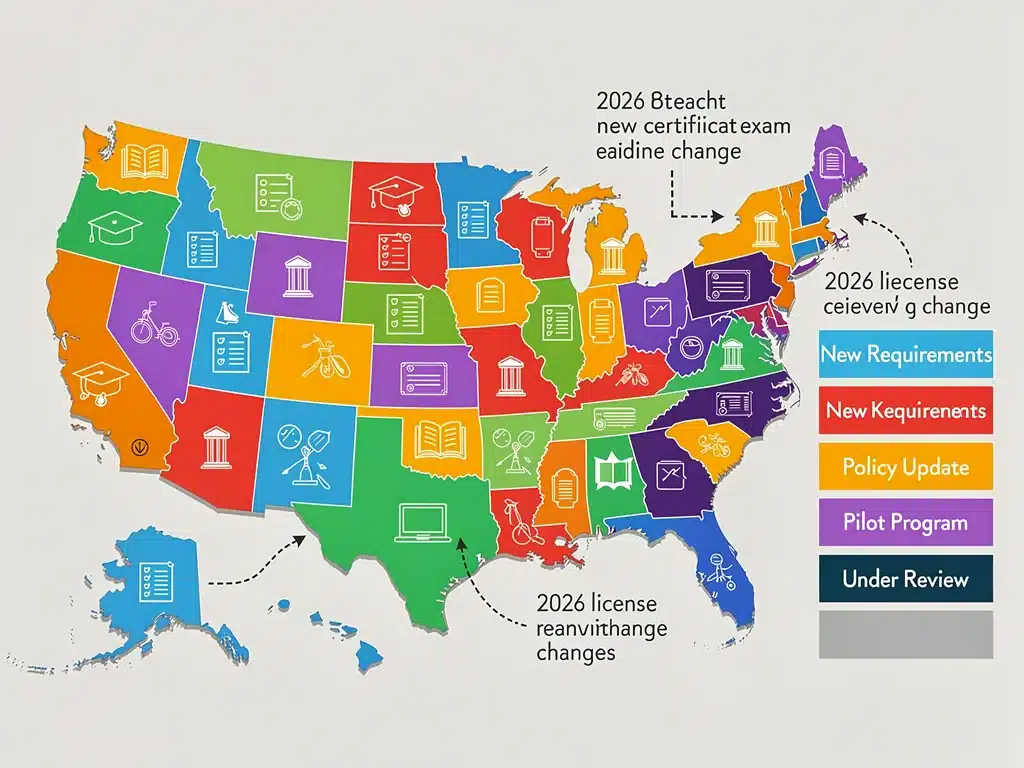 Infographic displaying state-by-state variations in 2026 teacher certification changes.
