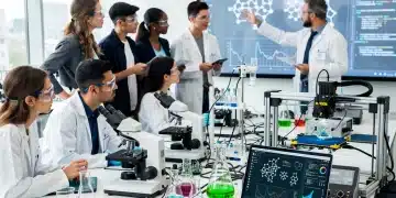 Diverse students and faculty engaged in a dynamic STEM laboratory project, symbolizing innovation in education. STEM Education