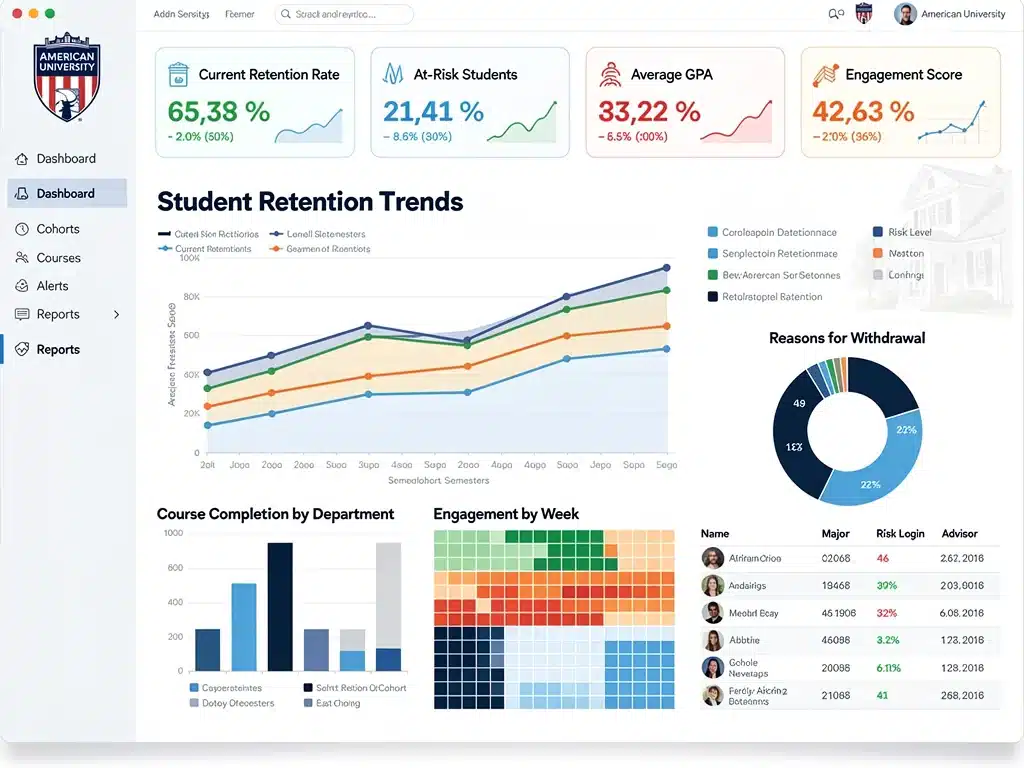 Data analytics dashboard showing student performance metrics, crucial for university student retention strategies.