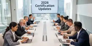 Teachers and administrators discussing 2026 teacher certification requirements in a meeting.