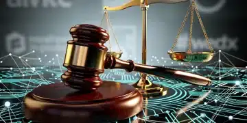 Gavel and scales of justice over a digital network, symbolizing legal scrutiny on tech.
