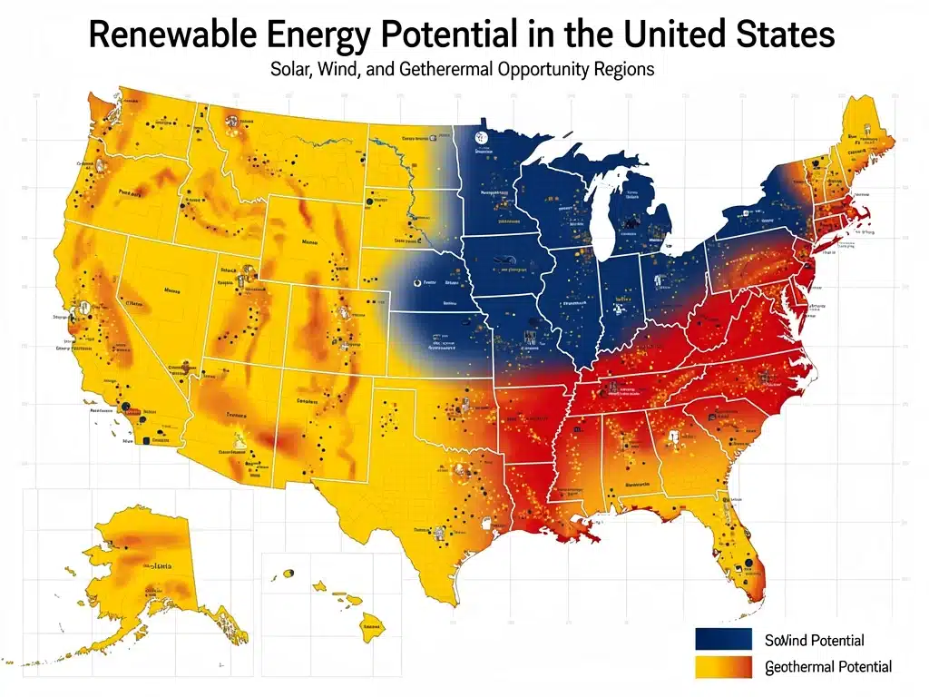 Map of U.S. showing potential renewable energy project locations and investment areas