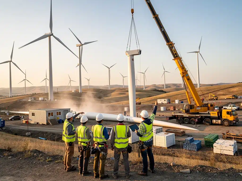 Construction workers installing wind turbine blades, symbolizing job creation in renewable energy