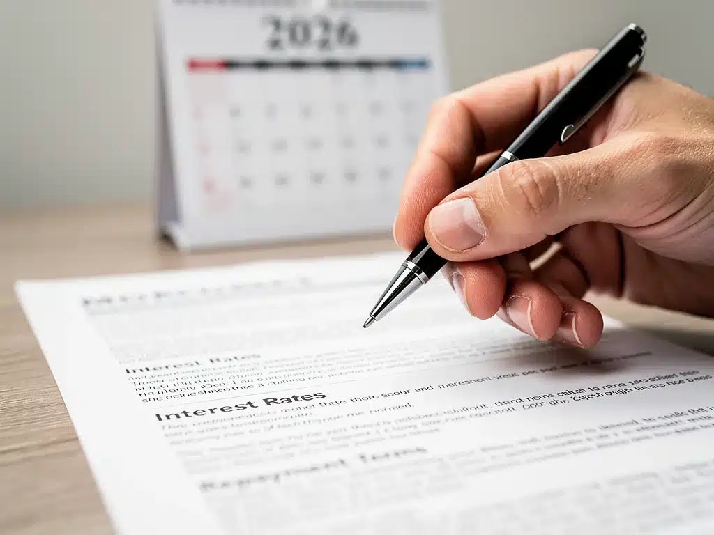 Hand pointing at mortgage document with interest rates, calendar showing 2026 in background.