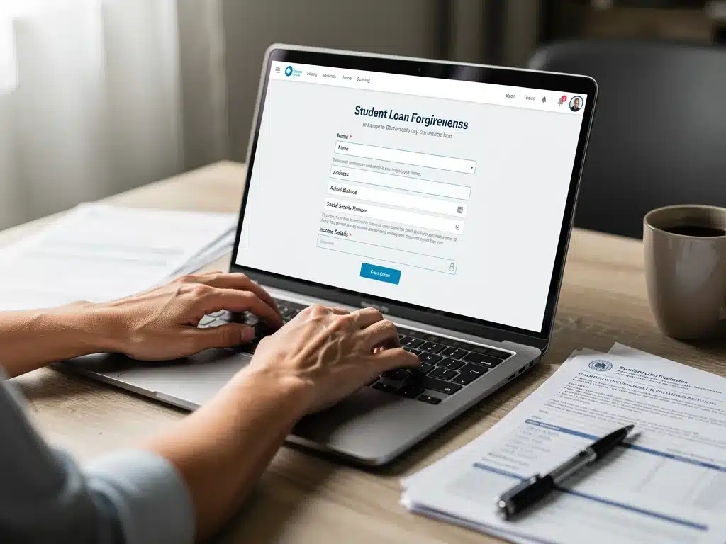 Person completing an online application for student loan forgiveness